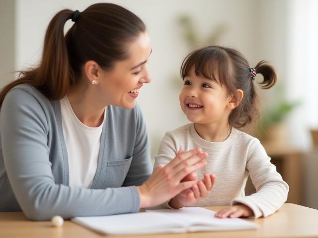 Therapist working with a child on speech exercises